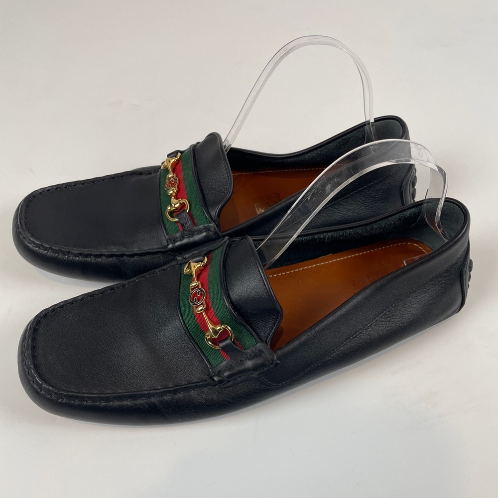 GUCCI Black Leather Driving Loafer Flat LOGO Horsebit Green Red Stripe MENS 11 - Picture 9 of 13